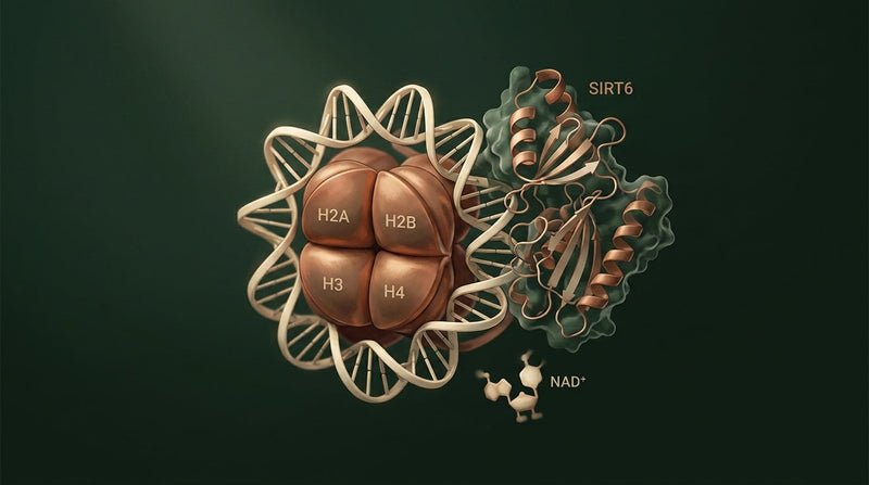 Editorial scientific illustration for a longevity-medicine feature article on the enzyme SIRT6.