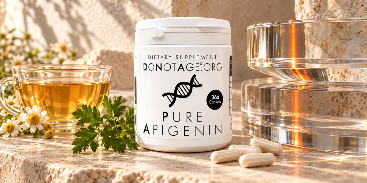 DoNotAge Pure Apigenin with parsley, chamomile tea and optical glass.
