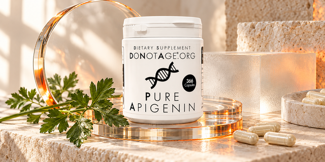 DoNotAge Pure Apigenin with layered optical glass and parsley.