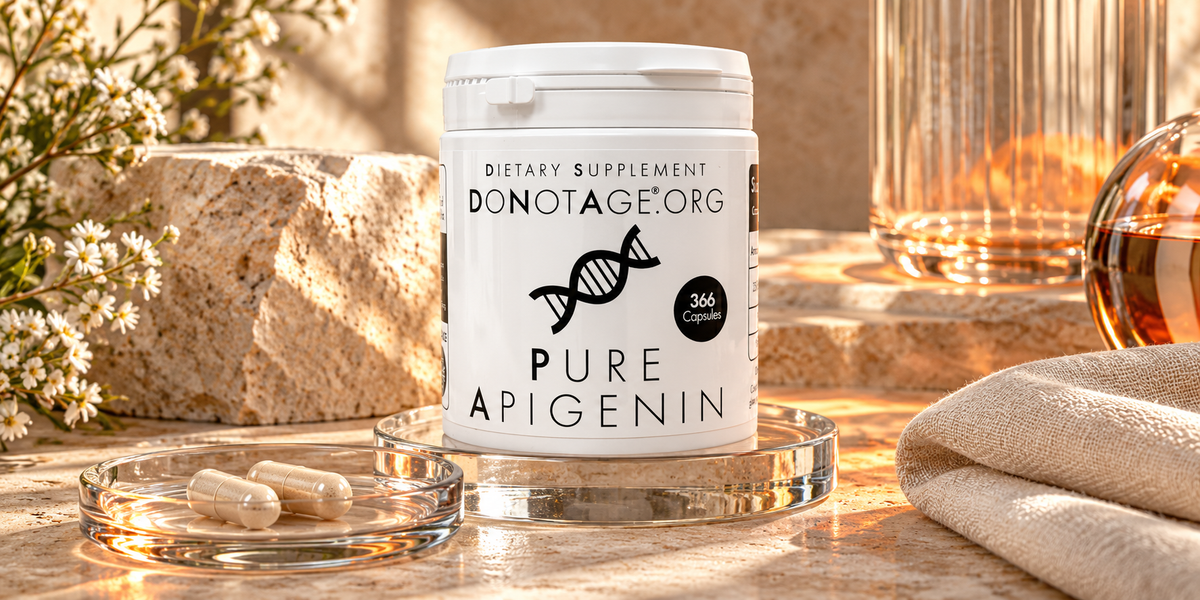 DoNotAge Pure Apigenin bottle with capsules on clear glass.