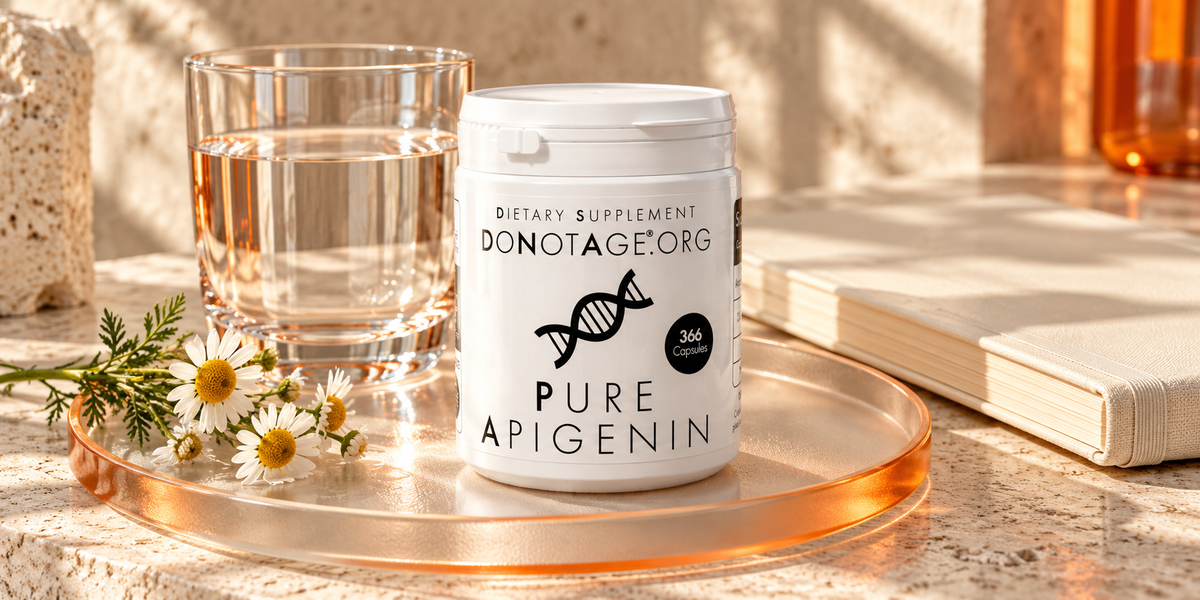 DoNotAge Pure Apigenin beside water and a closed ivory notebook.