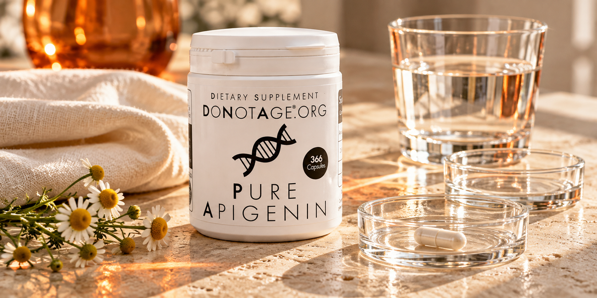 DoNotAge Pure Apigenin with water and nested glass trays.