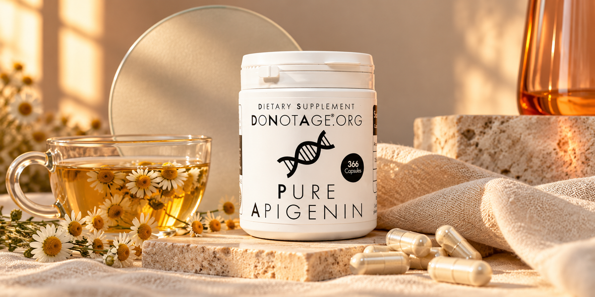 DoNotAge Pure Apigenin and chamomile tea in warm window light.