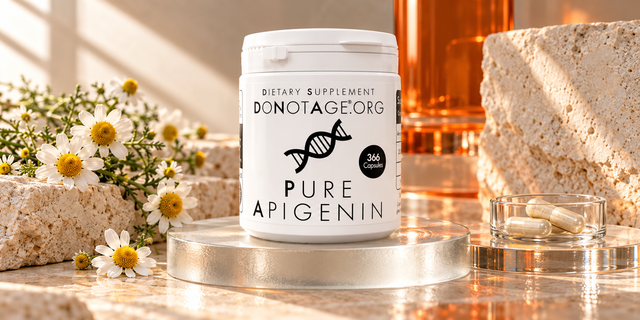 DoNotAge Pure Apigenin on frosted glass with capsules and chamomile.