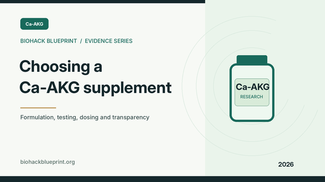 Choosing a Ca-AKG supplement — editorial illustration of a generic supplement bottle