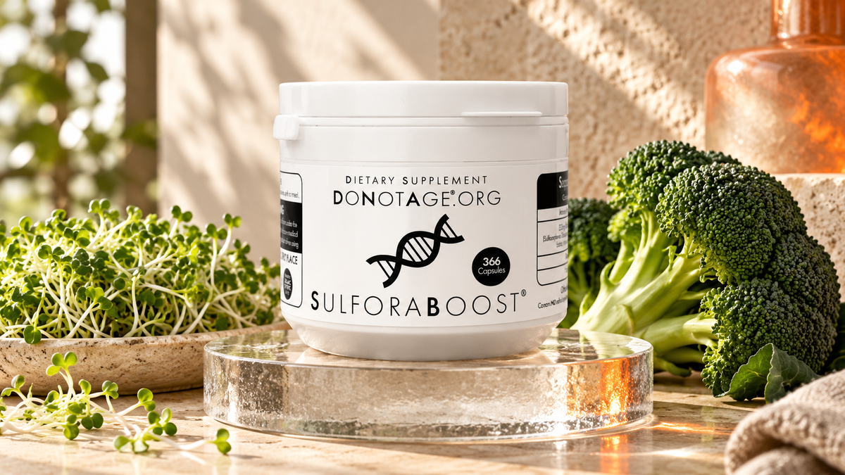 DoNotAge SulforaBoost on a glass plinth with broccoli sprouts.
