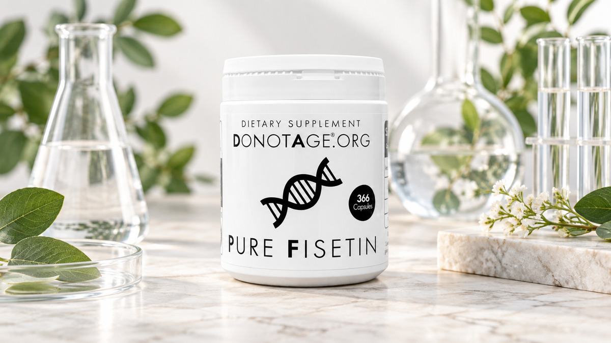 DoNotAge Pure Fisetin supplement bottle in a clean science-led editorial setting.