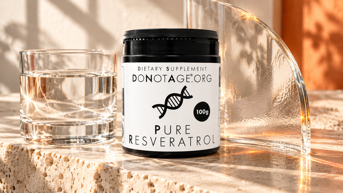 DoNotAge Pure Resveratrol tub beside water and a curved optical-glass panel.
