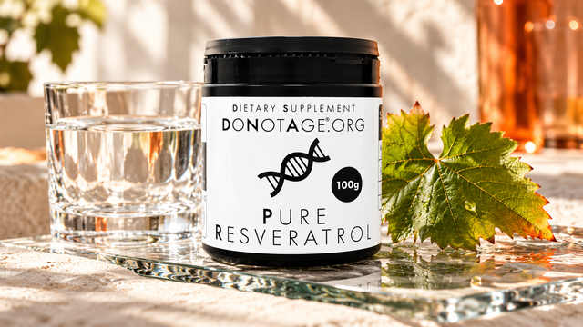 DoNotAge Pure Resveratrol tub with clear water and a grape leaf on refractive glass.