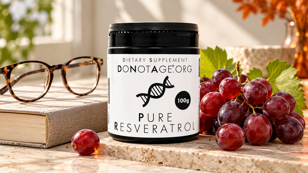 DoNotAge Pure Resveratrol tub beside a closed book, glasses and red grapes.