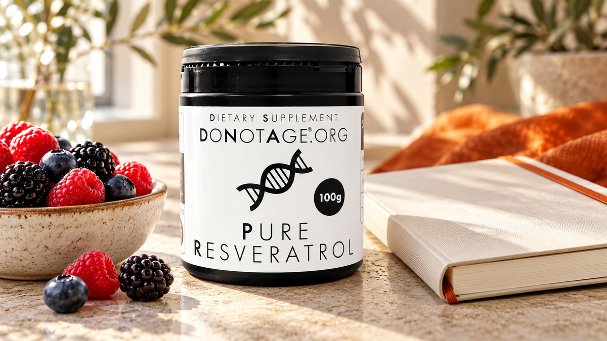 DoNotAge Pure Resveratrol tub near a small bowl of berries and an unopened blank notebook.