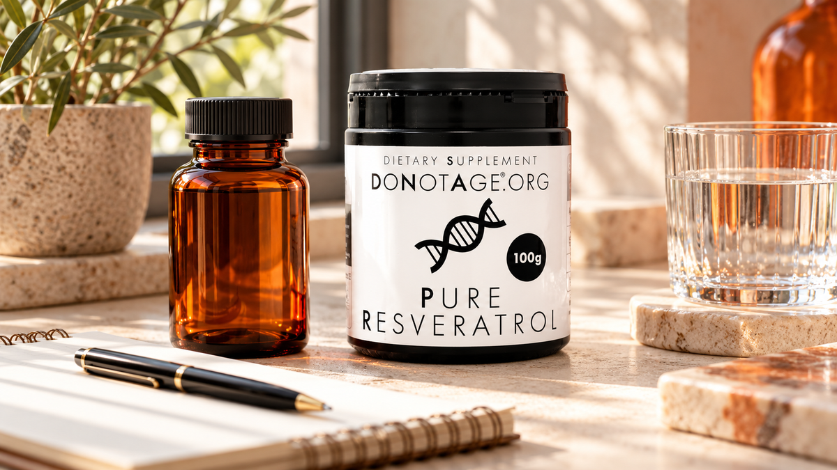 An unbranded closed amber medicine bottle with blank notebook and the DoNotAge Pure Resveratrol tub set apart.