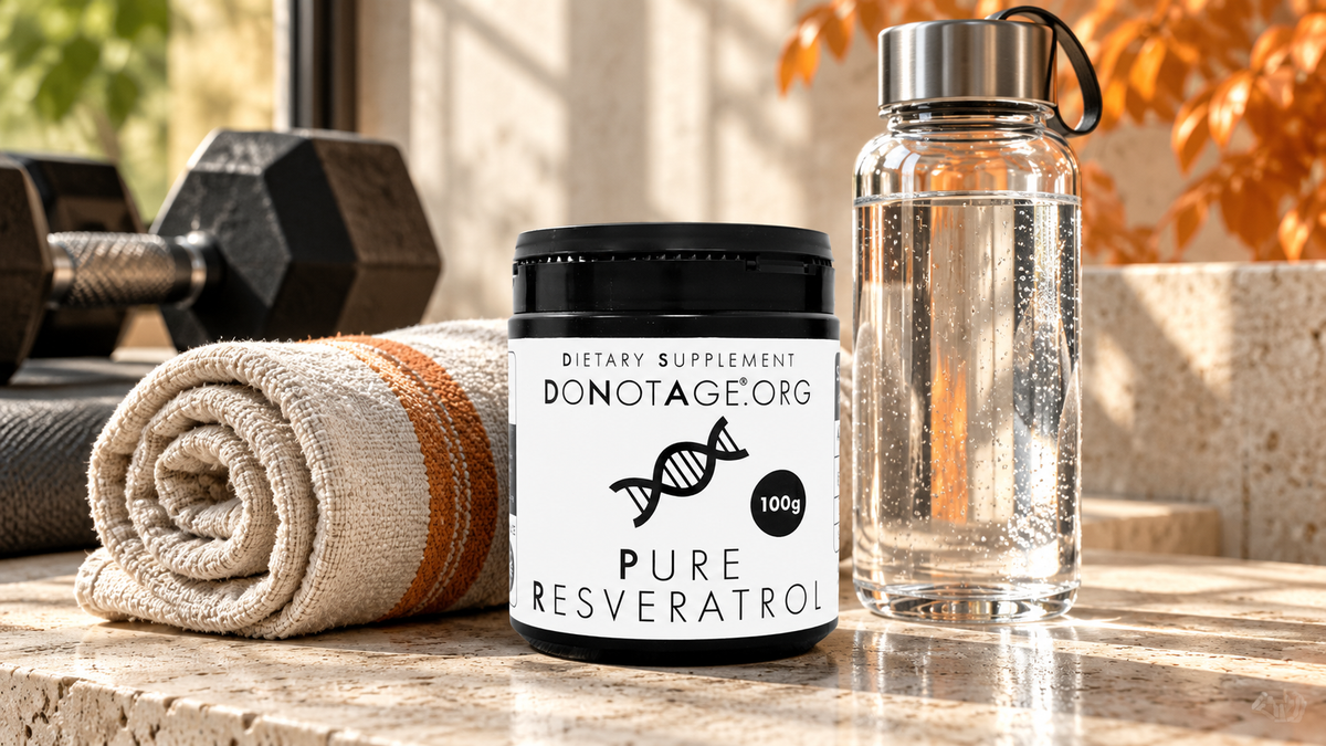 DoNotAge Pure Resveratrol tub with a rolled linen exercise towel and clear water bottle.