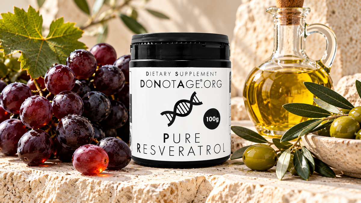 Grapes, olive oil and DoNotAge Pure Resveratrol on warm chalk limestone.