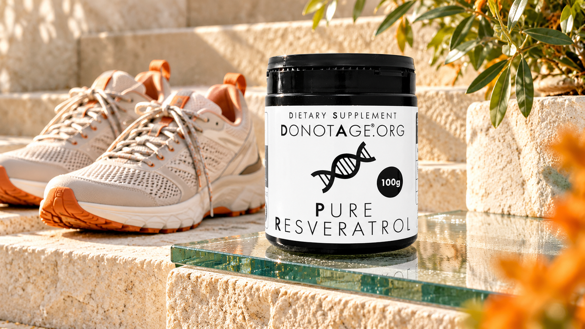 Walking shoes beside pale stone steps and DoNotAge Pure Resveratrol on a glass ledge.
