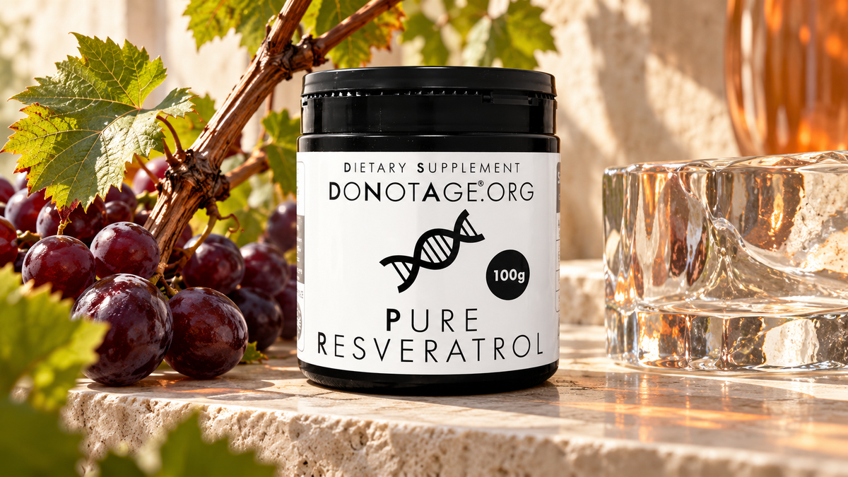 DoNotAge Pure Resveratrol tub beside a grape vine cutting and thick optical glass.