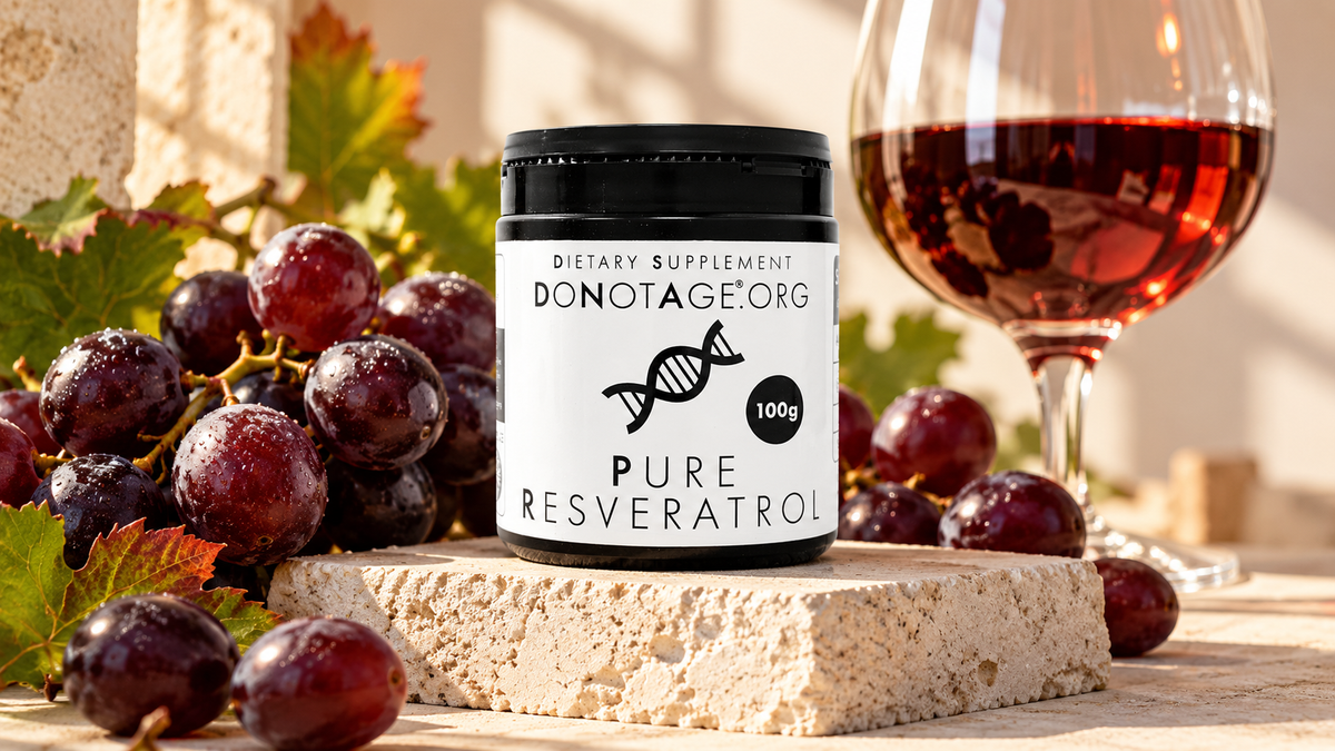 Grapes, glass and DoNotAge Pure Resveratrol on a low limestone plinth.