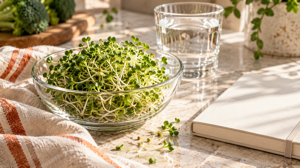 Broccoli sprouts, water and a closed notebook.