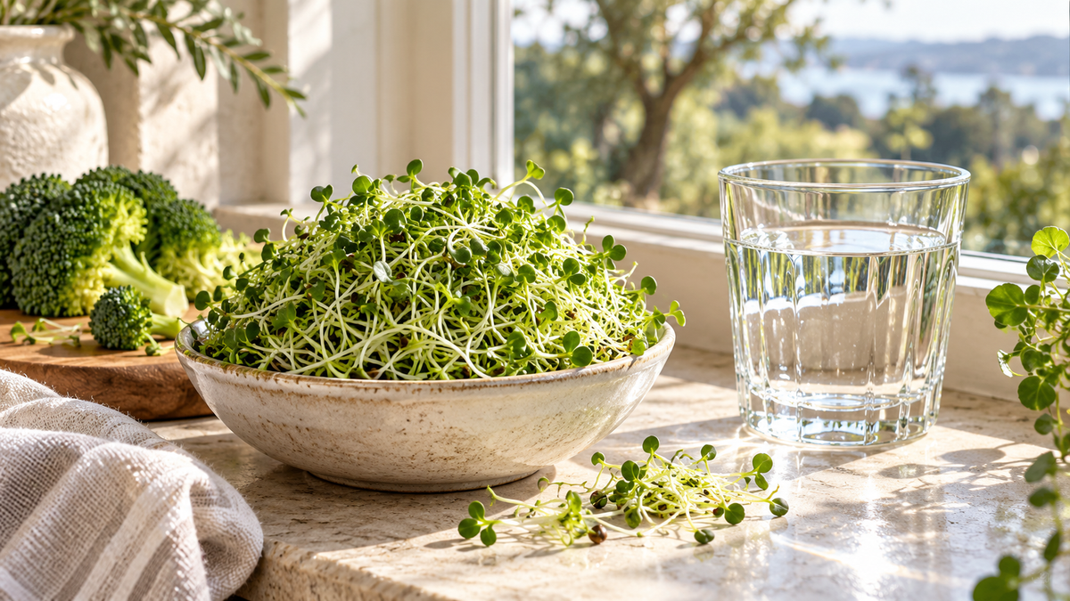 Broccoli sprouts and water beside a bright window.