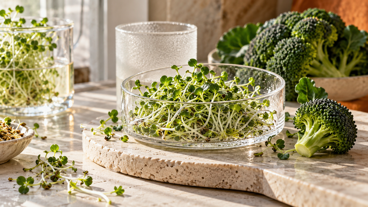 Broccoli sprouts with layered optical glass.