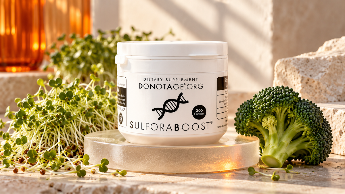 DoNotAge SulforaBoost with broccoli sprouts on frosted glass.
