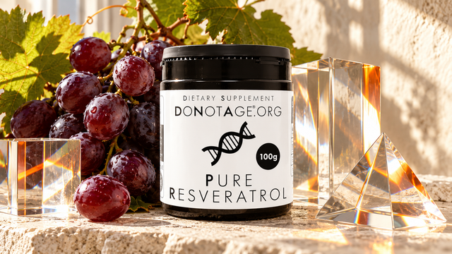 DoNotAge Pure Resveratrol tub with a grape branch and optical-glass prisms.