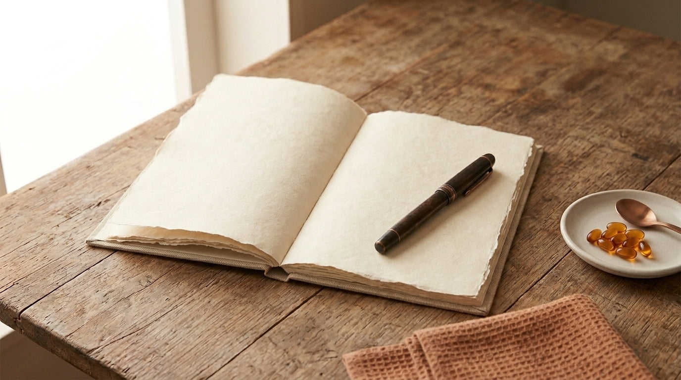 Editorial still life of a fountain pen, notebook, and small dish of amber capsules on parchment