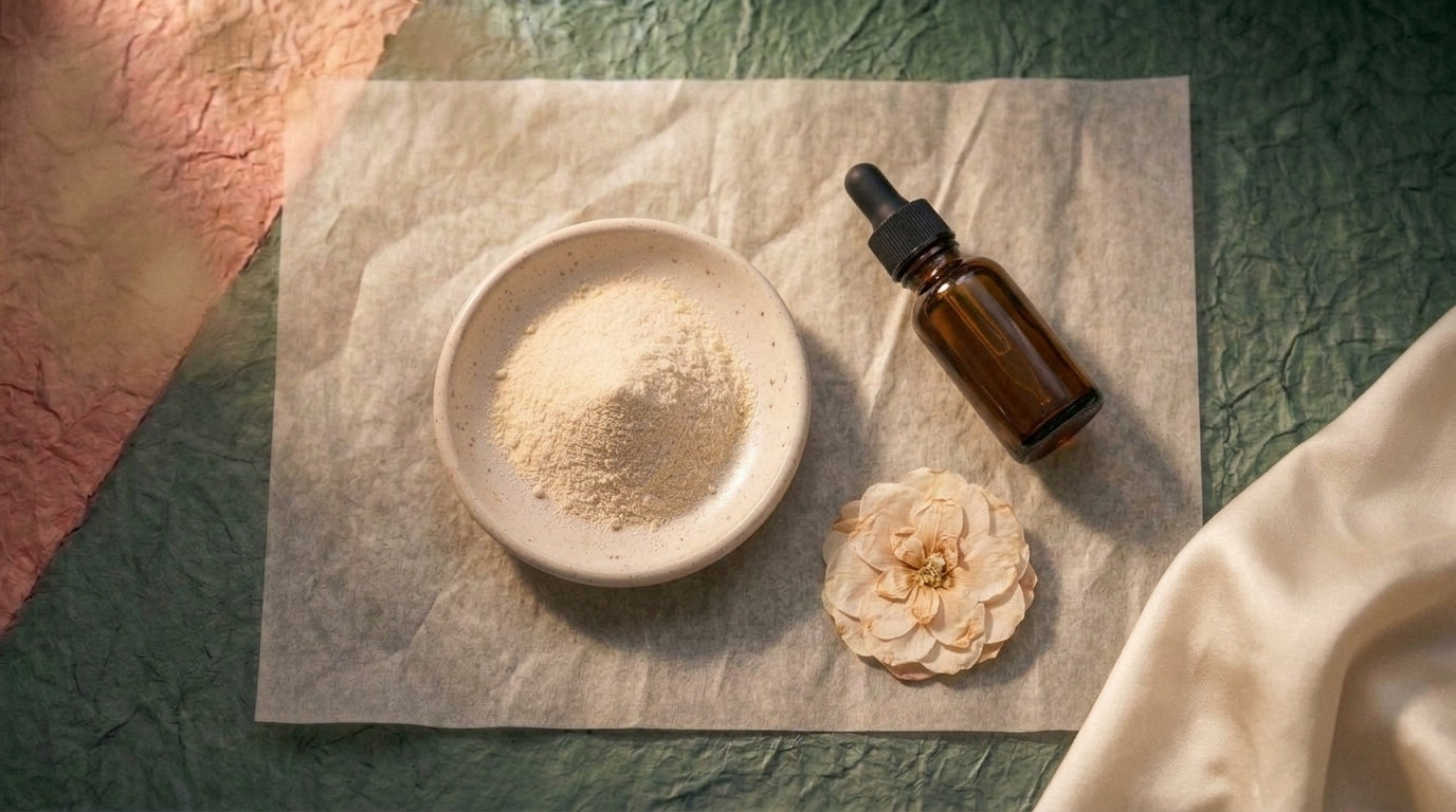 Editorial still life representing careful evaluation of skin-focused collagen products