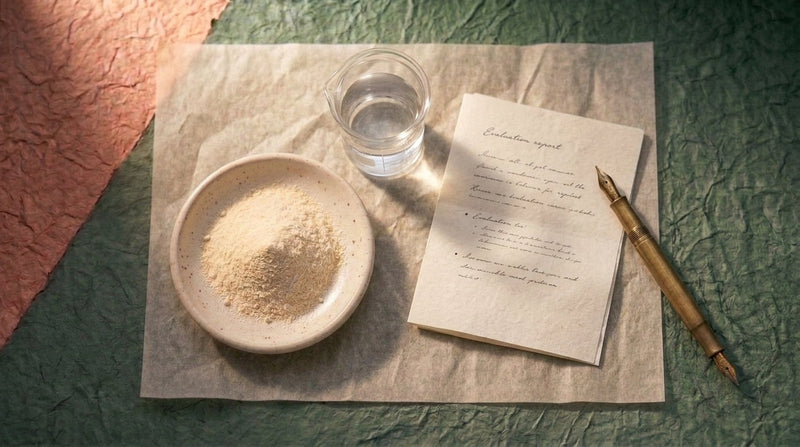Editorial still life representing a careful buyer's framework — collagen powder, a checklist, and a lab flask