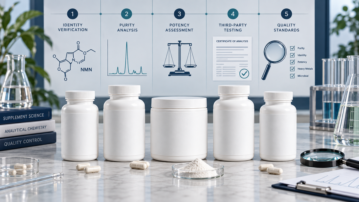 Neutral comparison of five NMN supplement formats evaluated for identity, purity, potency, third-party testing and quality standards.