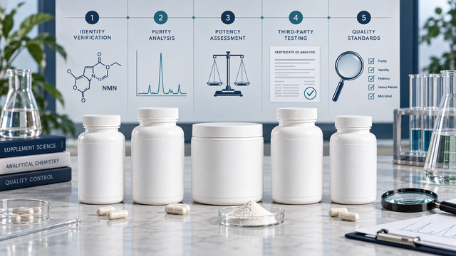 Neutral comparison of five NMN supplement formats evaluated for identity, purity, potency, third-party testing and quality standards.