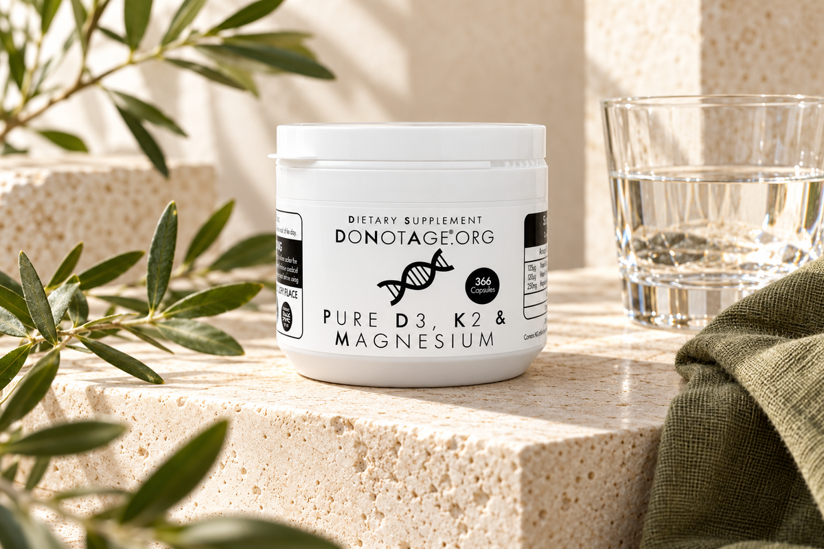 DoNotAge Pure D3, K2 and Magnesium jar on a pale plinth.