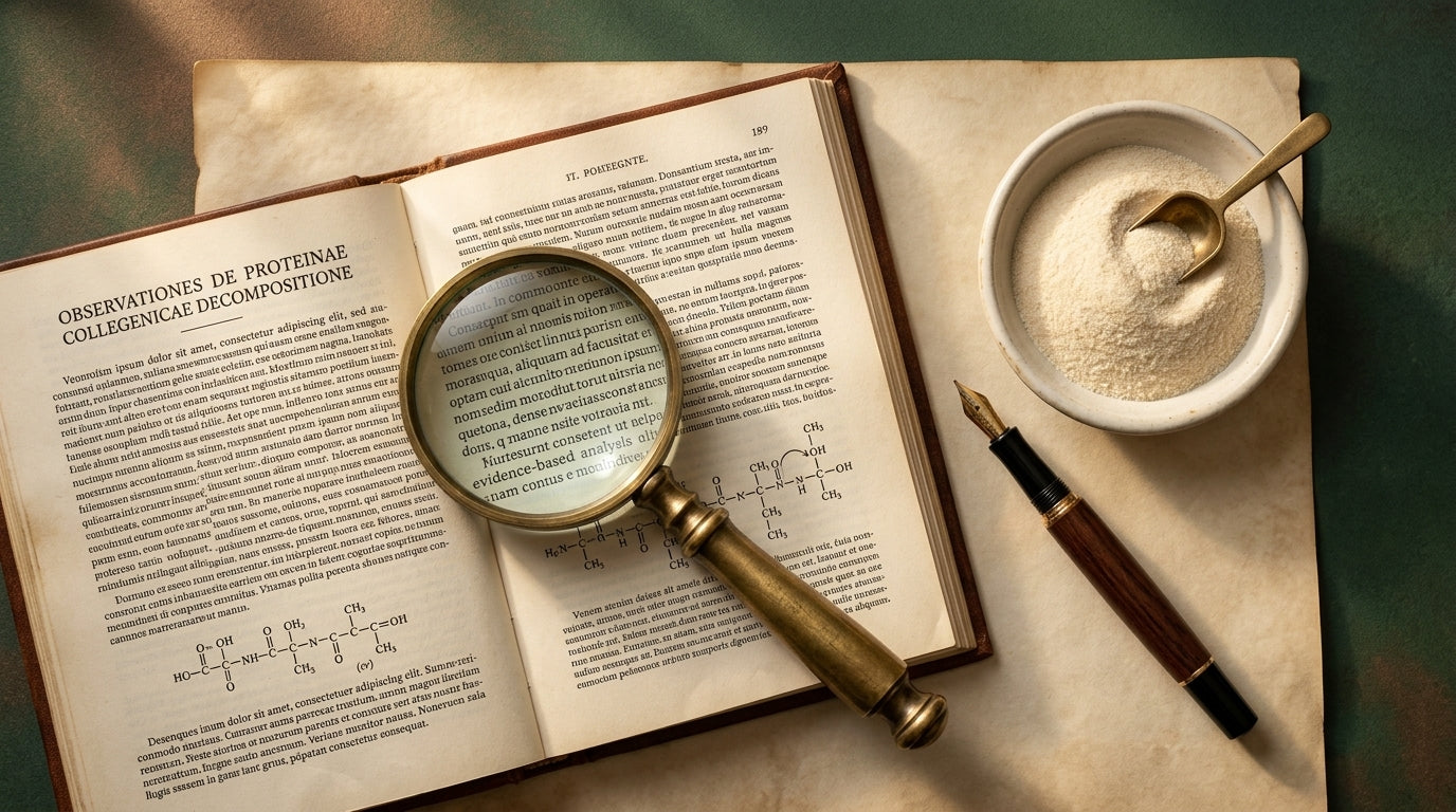 Editorial visual representing an evidence-based review of hydrolysed collagen — books, a magnifying glass, and collagen powder