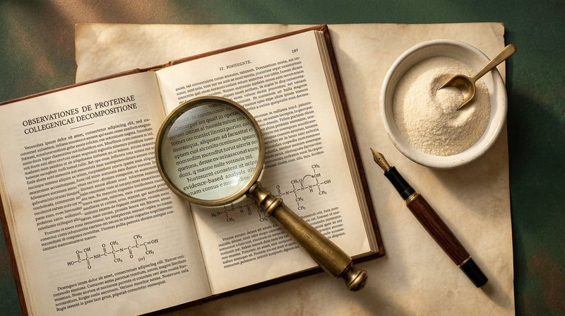 Editorial visual representing an evidence-based review of hydrolysed collagen — books, a magnifying glass, and collagen powder