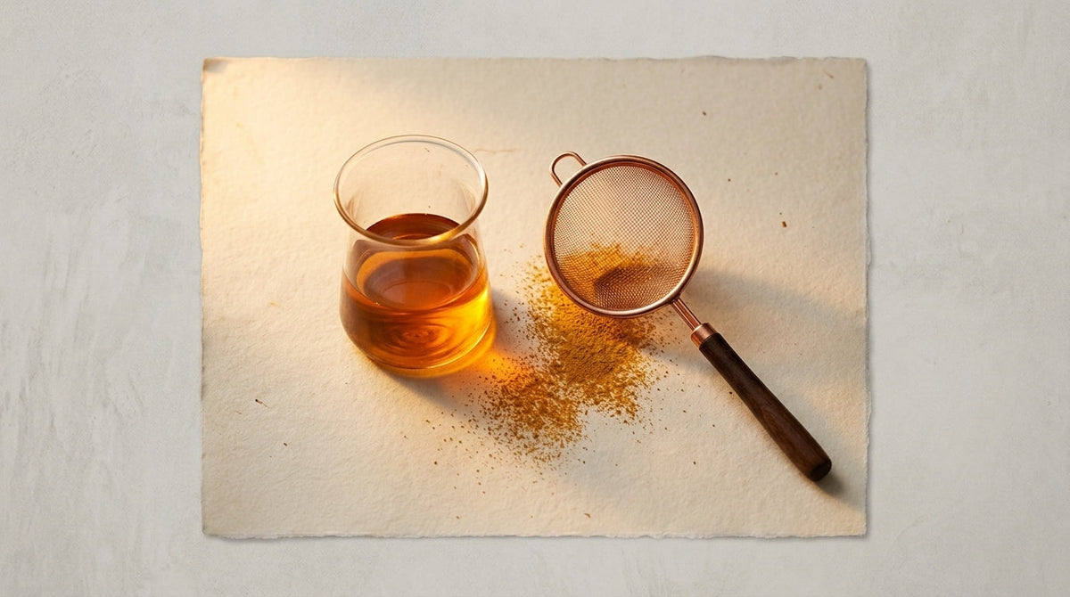 Editorial still life of a glass beaker with amber liquid and a fine copper sieve, on parchment