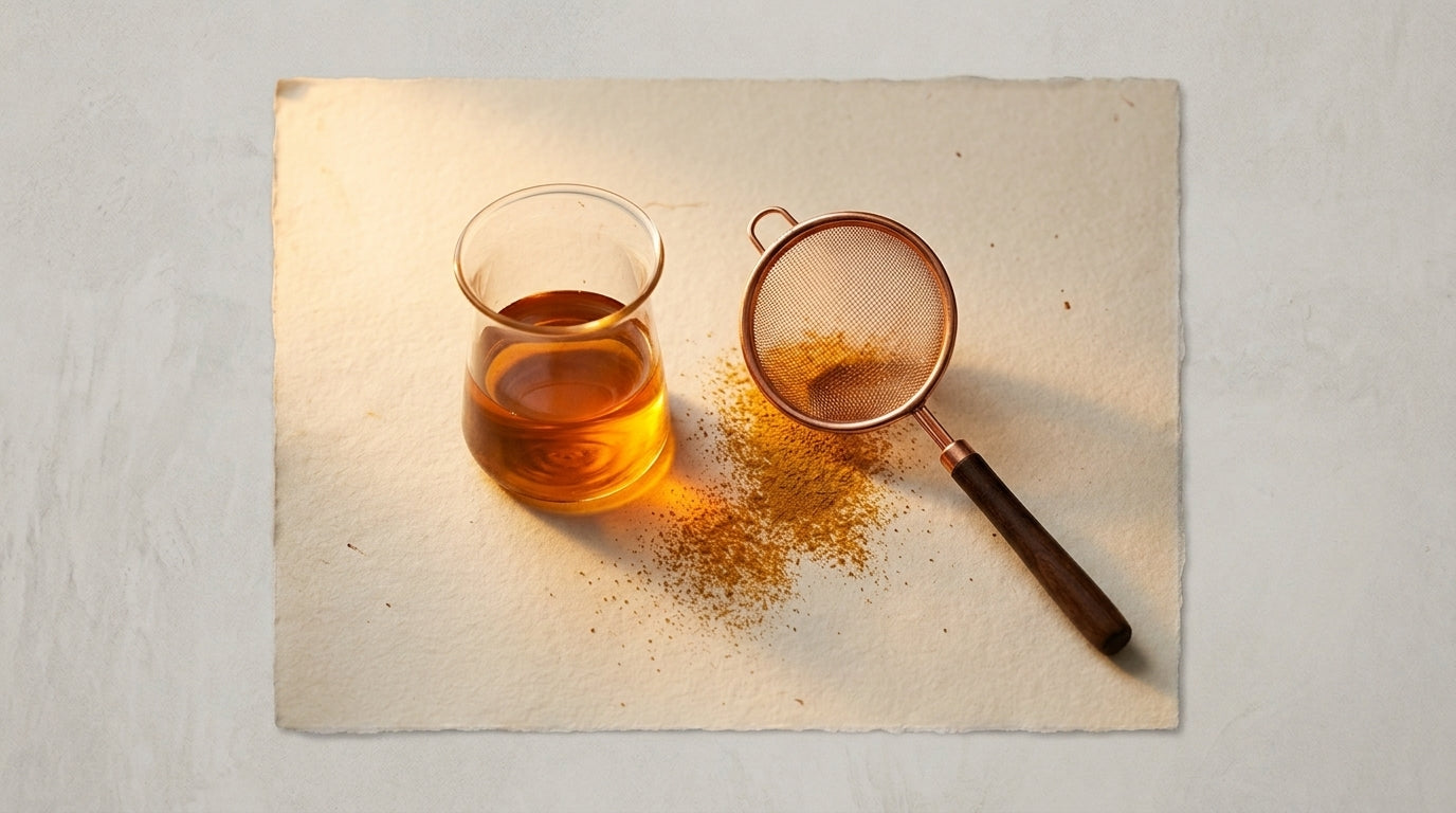 Editorial still life of a glass beaker with amber liquid and a fine copper sieve, on parchment