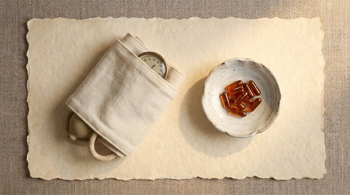 Editorial still life of a rolled fabric blood pressure cuff beside amber capsules on parchment