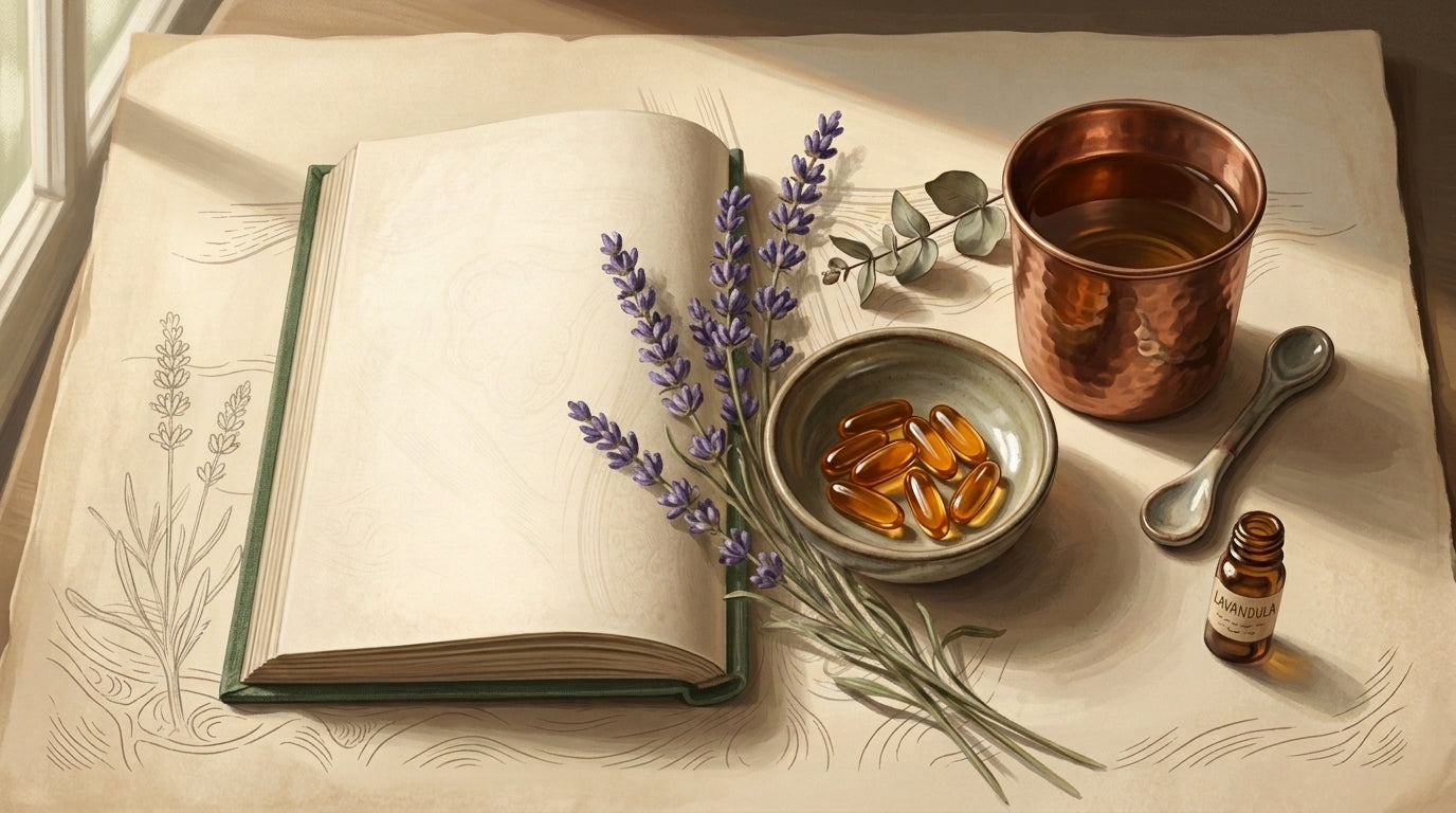 Editorial still life of an open book, a small ceramic dish with capsules, and a cup of tea on parchment