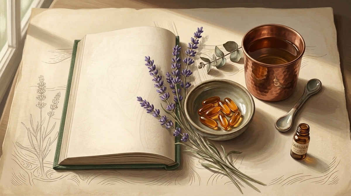Editorial still life of an open book, a small ceramic dish with capsules, and a cup of tea on parchment