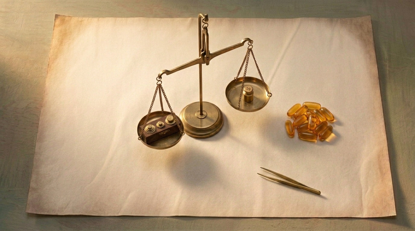 Editorial still life of measured amber capsules and a small brass balance on parchment