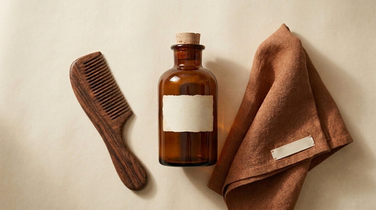Editorial still life of a small amber glass tonic bottle beside a wooden comb on parchment