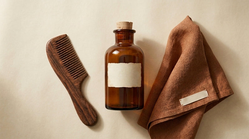 Editorial still life of a small amber glass tonic bottle beside a wooden comb on parchment
