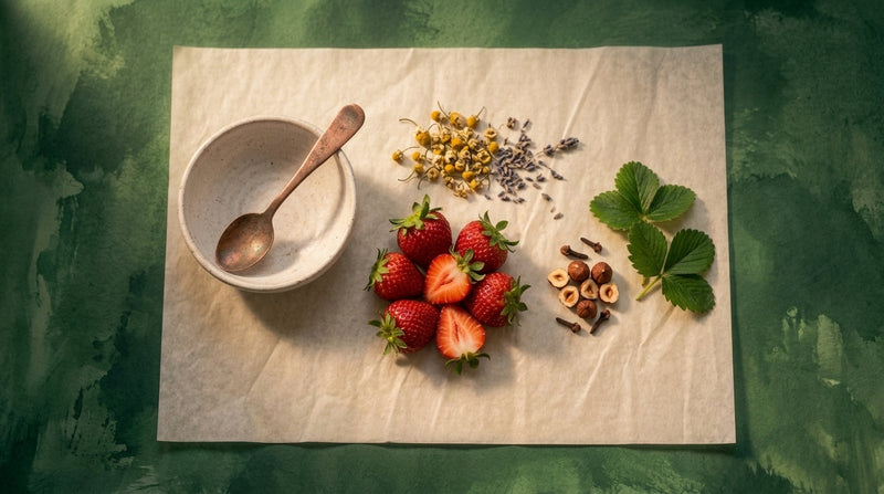 Editorial still life of ripe strawberries on parchment with copper accents