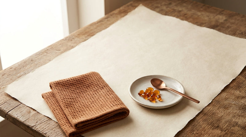 Editorial still life of a warm compress folded beside amber capsules on cream parchment