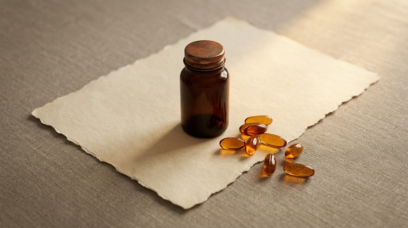 Editorial still life of amber capsules beside a small brown prescription bottle on cream parchment