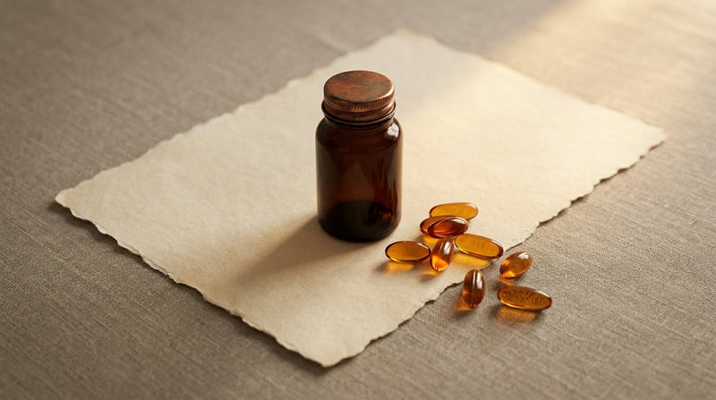 Editorial still life of amber capsules beside a small brown prescription bottle on cream parchment