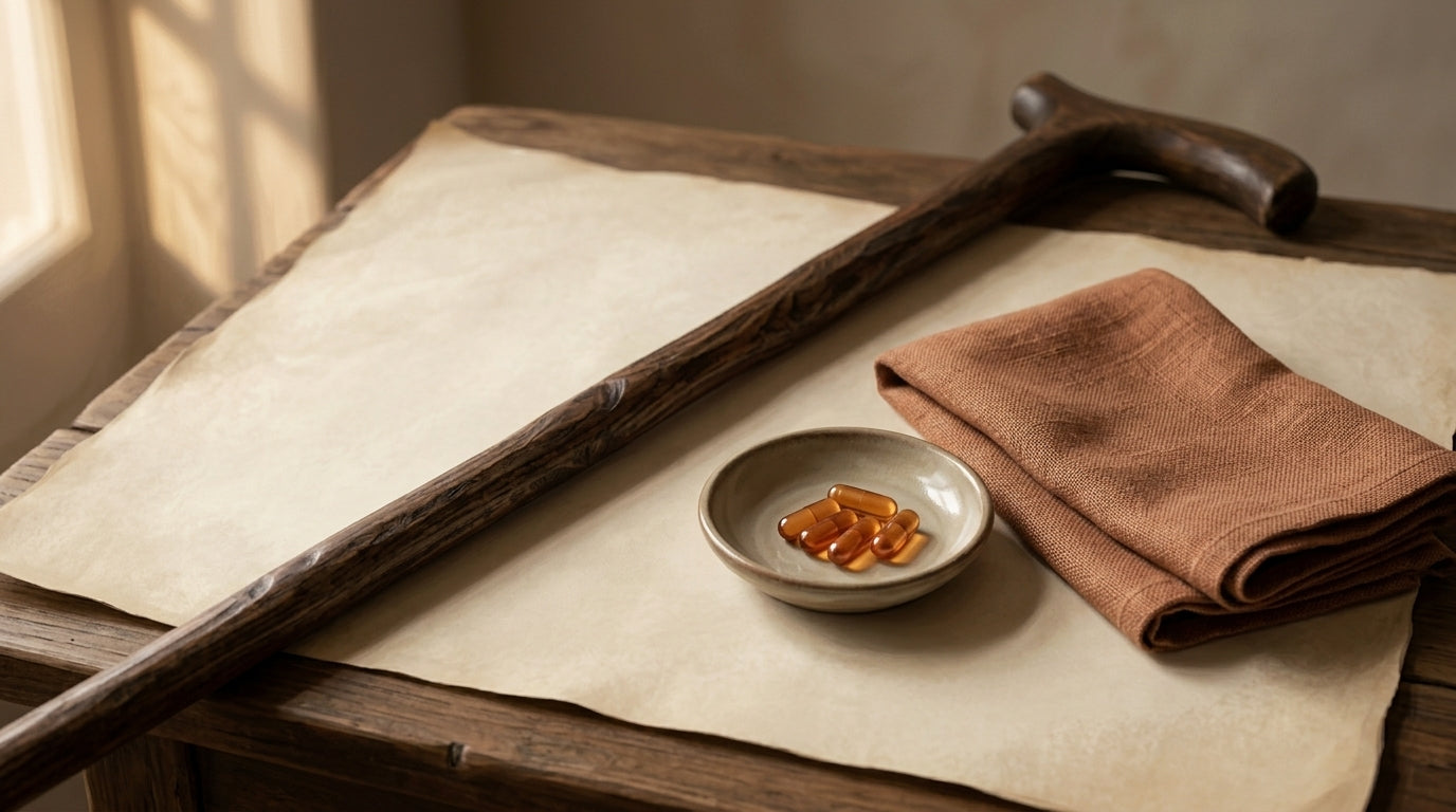 Editorial still life of a rustic wooden walking cane beside amber capsules on cream parchment
