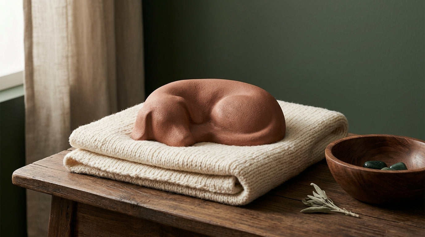 Editorial still life of a sleeping dog beside a folded cream blanket on parchment