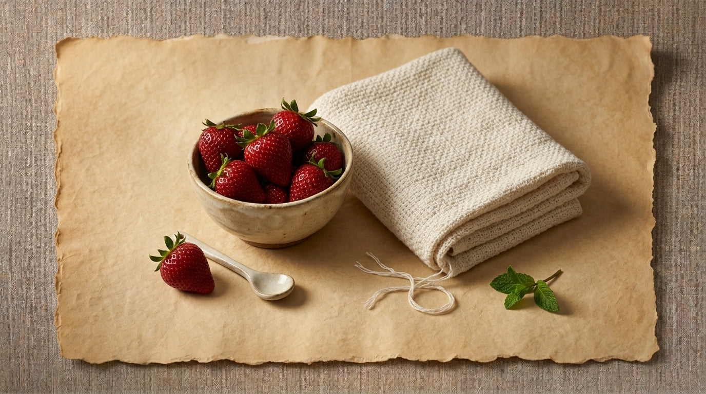 Editorial still life of a small bowl of strawberries beside a folded cream cotton blanket