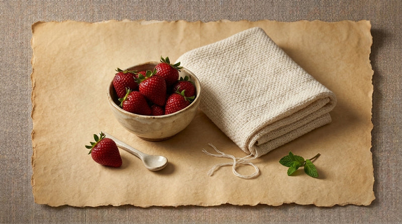 Editorial still life of a small bowl of strawberries beside a folded cream cotton blanket